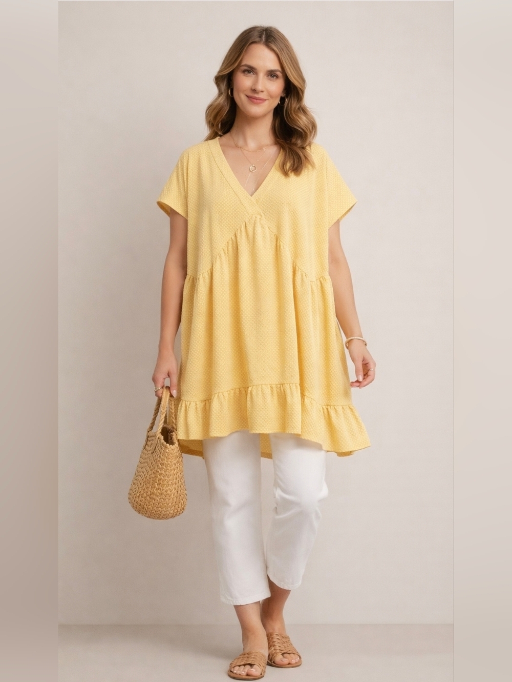 Entro Yellow V-Neck Swiss Dot Ruffle Tunic Top Sz 1X